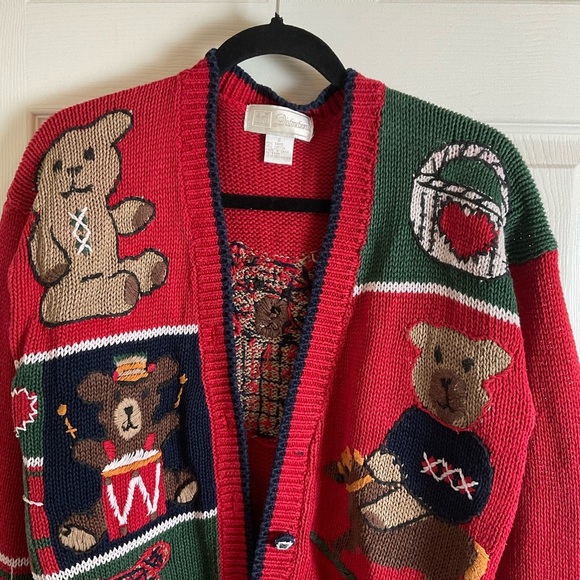 ID Distinction teddy bear and holiday motifs cardigan size small vintage 80’ - Picture 3 of 13